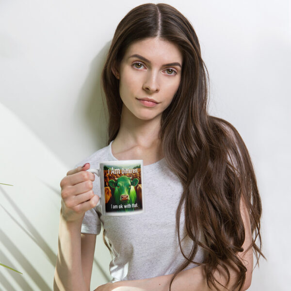 "I Am Different" ~ Green Cow White Glossy Mug - Image 2