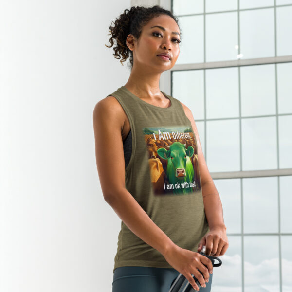 "I Am Different" ~ Green Cow Ladies’ Muscle Tank - Image 2