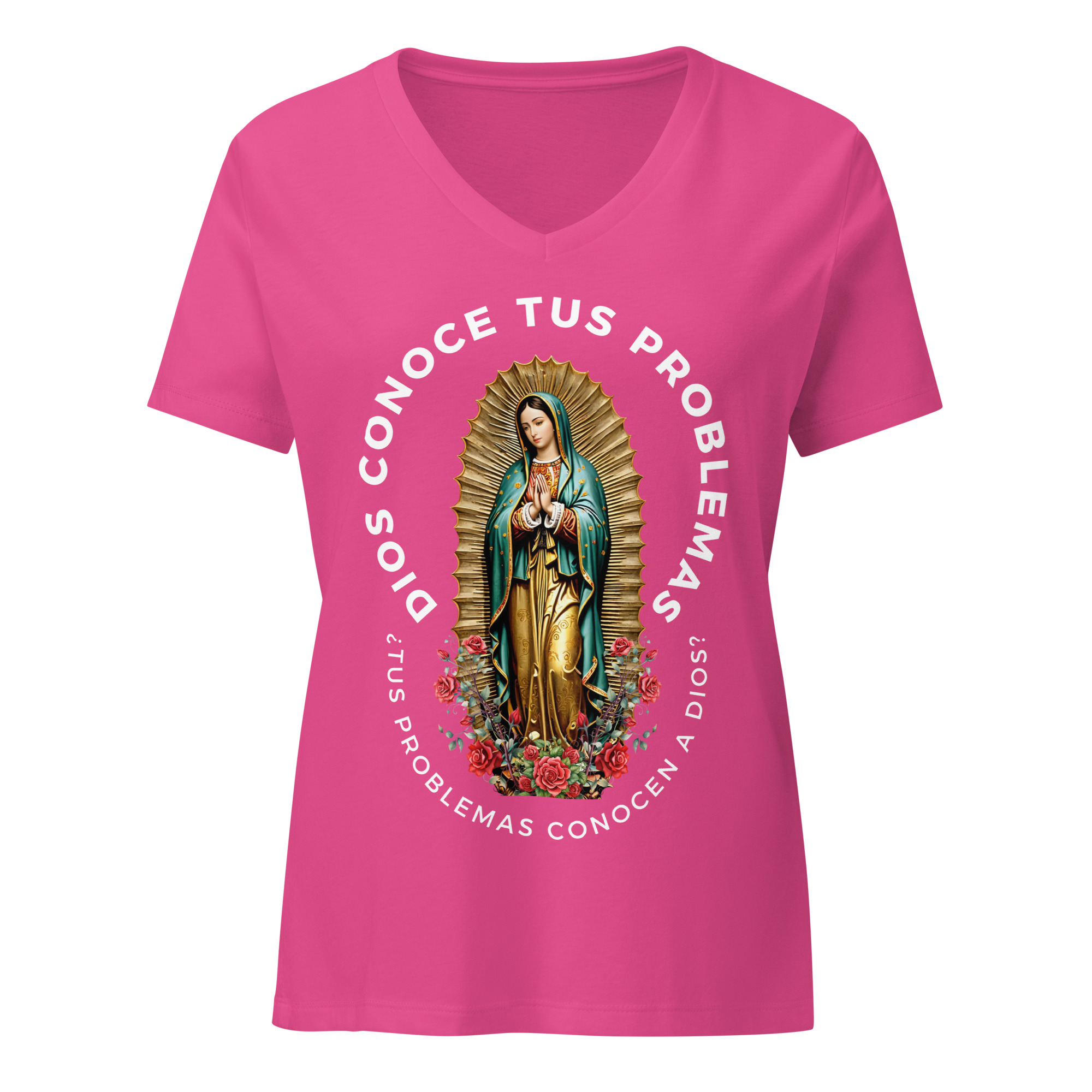 "A Tus Problemas" ~ Virgen De Guadalupe Women’s Relaxed V-Neck T-Shirt - Image 3