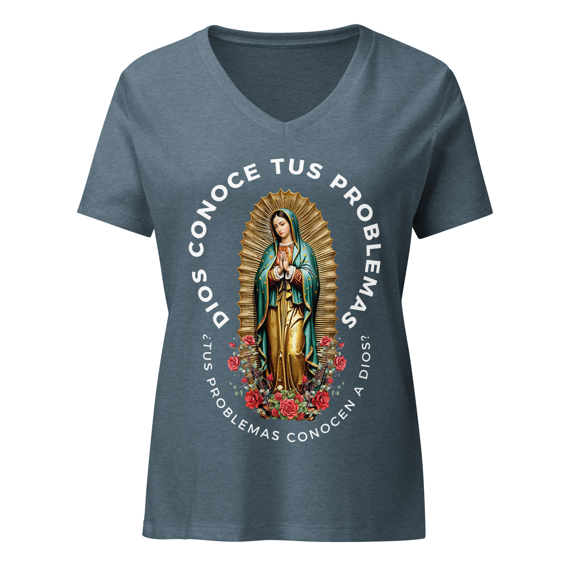 "A Tus Problemas" ~ Virgen De Guadalupe Women’s Relaxed V-Neck T-Shirt - Image 2