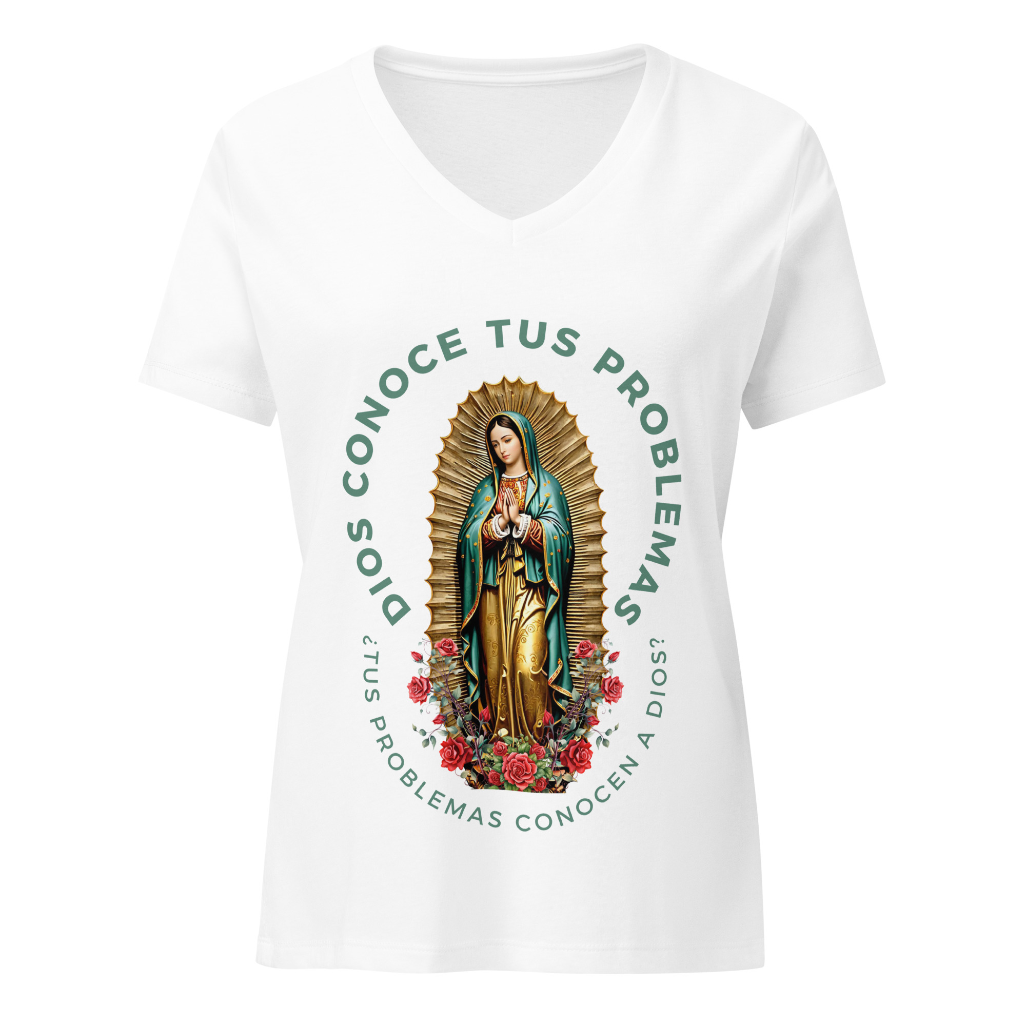 "A Tus Problemas" ~ Virgen De Guadalupe Women’s Relaxed V-Neck T-Shirt - Image 4