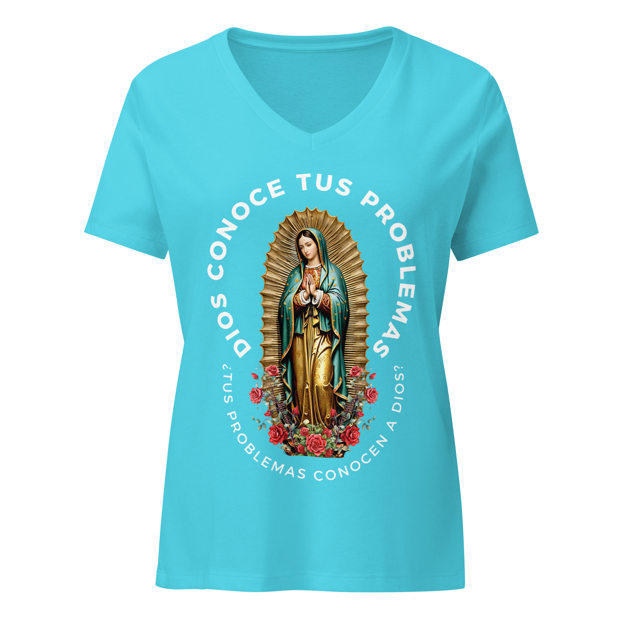 "A Tus Problemas" ~ Virgen De Guadalupe Women’s Relaxed V-Neck T-Shirt - Image 5